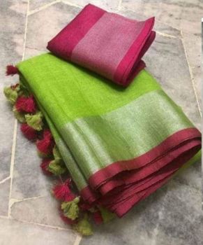 Parrot Green Plain Linen By Linen Saree From Bhagalpur