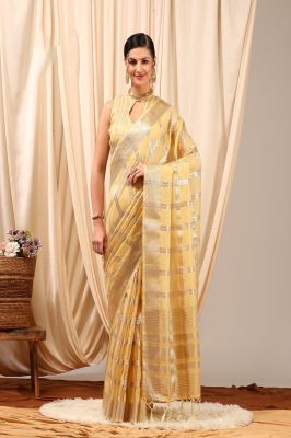 Light Golden Pure Handloom Silk Cotton Saree From Gujarat