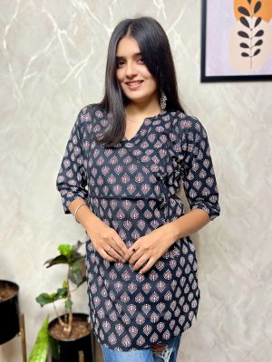 Blue Grey Pure Handloom Printed Kurti From Bengal