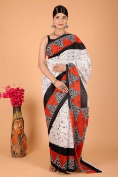 White Hand Block Cotton Pure Handloom Printed Design Saree