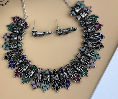 Silver Pure Oxidised Necklace With Multi Colour Stone Jewellery