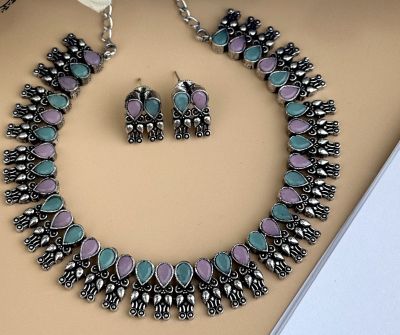 Silver Pure Oxidised Necklace With Multi Colour Stone Jewellery