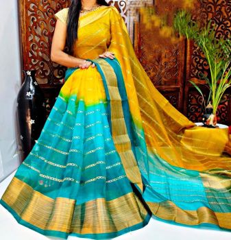 Yellow And Light Blue Georgette Saree From Banaras
