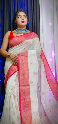 White Pure Handloom Banswara Silk Saree From Bengal