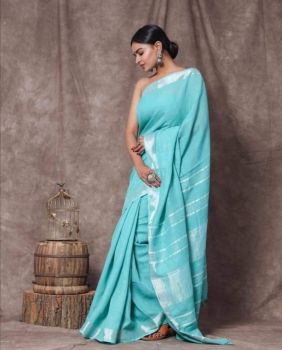 Sky Blue Plain Linen By Linen Saree From Bhagalpur