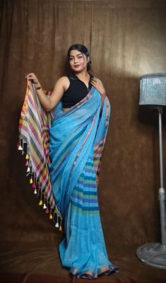 Sky Blue Pure Handloom Linen By Linen Saree From Bengal