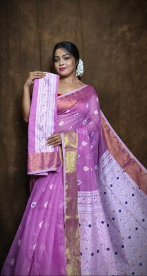 Lavender Pure Handloom Dhakai Jamdani Saree From Bengal