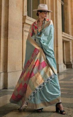 Light Blue Pure Handloom Silk Saree From Banaras
