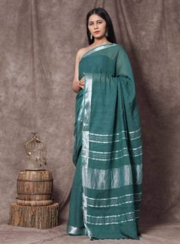 Teal Green Plain Linen By Linen Saree From Bhagalpur