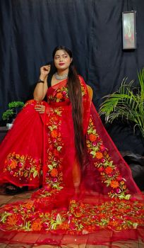 Red Pure Resham Maslin Embroidery Kashmire Pashmina Dobol Mina Work Saree