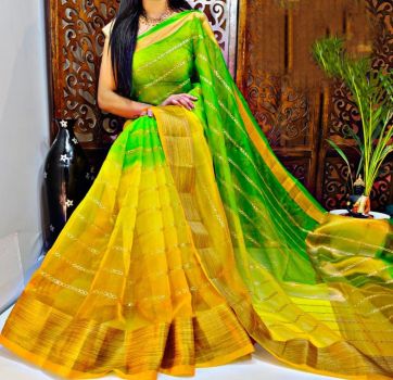 Parrot Green And Yellow Georgette Saree From Banaras