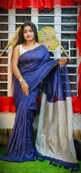Dark Blue Pure Handloom Cotton Saree From Bengal