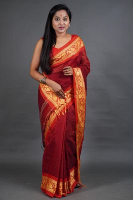 Dark Red Pure Handloom Cotton Silk Saree From Bengal