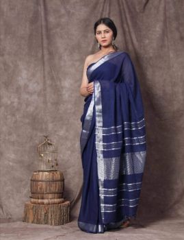 Navy Blue Plain Linen By Linen Saree From Bhagalpur