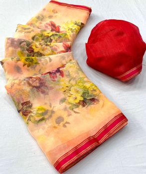 Peach Flower Design Printed Work Chiffon Saree