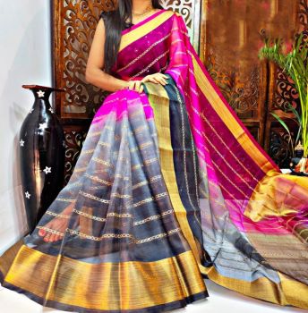 Pink And Grey Georgette Saree From Banaras