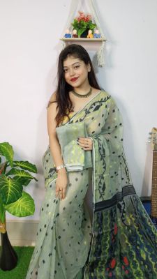 Grayish Green Pure Handloom Dhakai Jamdani Saree From Bengal