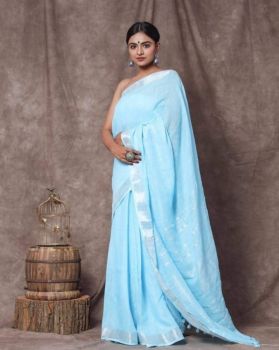 Light Blue Plain Linen By Linen Saree From Bhagalpur