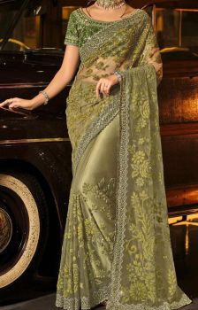 Mehandi Pure Georgette Net Hand Work Saree From Banaras