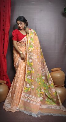Tan Pure Handloom Dhakai Jamdani Saree From Bengal