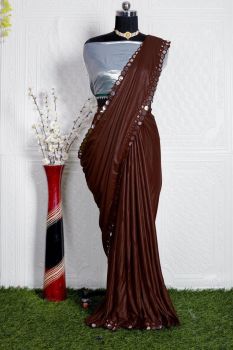 Brown Plain Body Embroidery Work Satin Saree