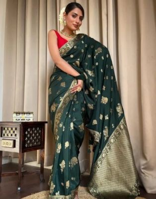 Bottle Green Pure Handloom Silk Cotton Saree From Banaras