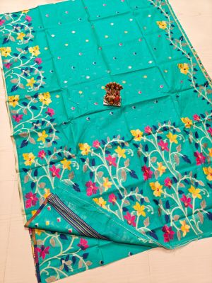 Aqua Blue Pure Handloom Silk Saree From Bengal