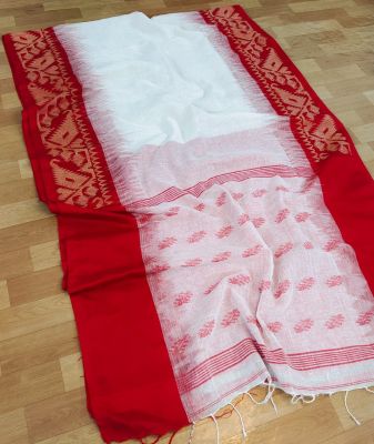 White Red Pure Handloom Linen By Linen Saree From Bengal