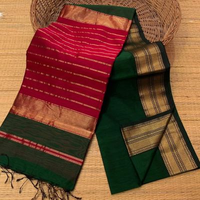 Red Green Pure Handloom Maheshwari Silk Cotton Saree From Bengal