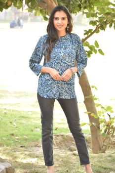 Navy Blue Hand Block Print Cotton Top