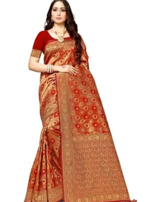 Brick Red Pure Handloom Banarasi Silk Saree From Banaras