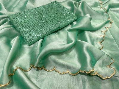 Sea Green Plain Body Embroidery Work Georgette Silk Saree