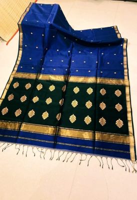 Blue Black Pure Handloom Maheshwari Silk Cotton Saree From Bengal