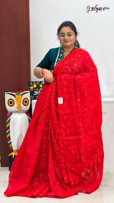 Red Pure Handloom Dhakai Jamdani Saree From Bengal