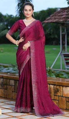 Wine Berry Pure Handloom Georgette Saree From Banaras