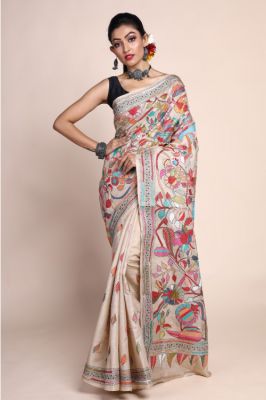 Beige Handloom Kantha Stitch Saree From Bengal