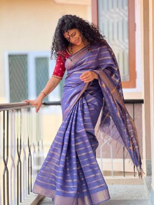 Navy Blue Pure Handloom Silk Saree From Bengal