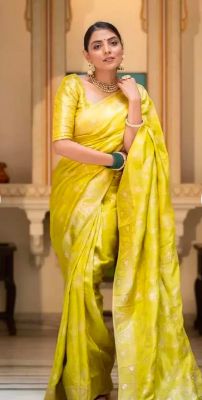 Golden Pure Handloom Embellished Silk Saree From Banaras