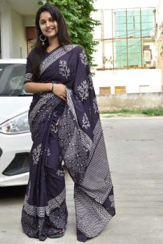 Dark Grey Hand Block Printed Cotton Pure Handloom Leaf Design Saree