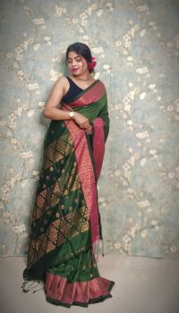 Timber Green Pure Handloom Banarasi Cotton Saree From Bengal