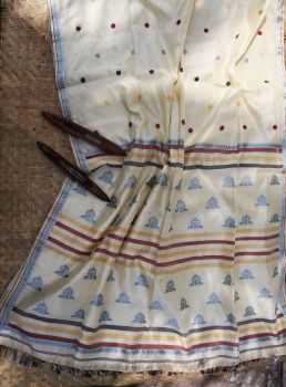 White Butta Mulberry Silk Pure Handloom Saree From Assam