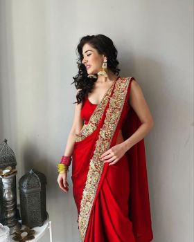Red Plain Body Sequence Thread Work Satin Saree
