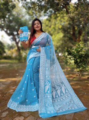 Sky Blue Pure Handloom Dhakai Jamdani Saree From Bengal