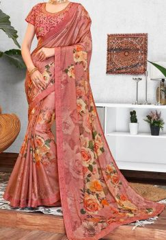 Light Coral Banarasi Pure Georgette Saree From Banaras