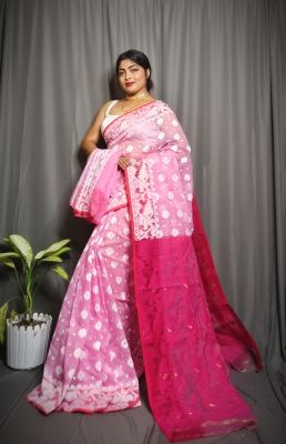 Pink Pure Handloom Dhakai Jamdani Saree From Bengal