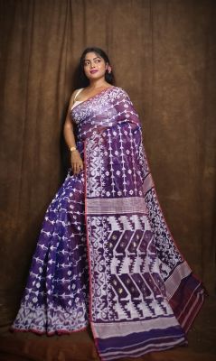 Blue Pure Handloom Dhakai Jamdani Saree From Bengal