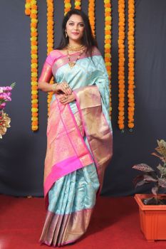 Sky Blue Pink Butta Handloom Rich Pallu Zari Work Kanchipuram Silk Saree