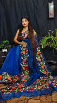 Blue Pure Resham Maslin Embroidery Kashmire Pashmina Dobol Mina Work Saree