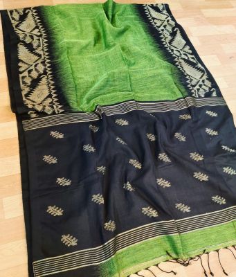 Green Black Pure Handloom Linen By Linen Saree From Bengal