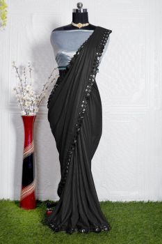 Black Plain Body Embroidery Work Satin Saree